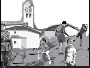 Collage of a church with children playing