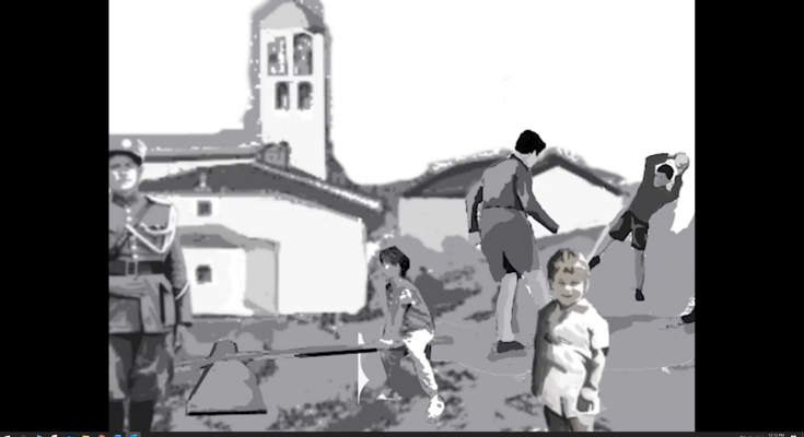 Collage of a church with children playing